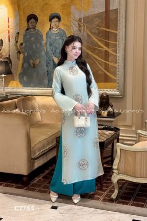 Áo dài suông ren thêu tròn tông xanh Ngọc kiotviet f834d34366d5091b620e13ec10b23447