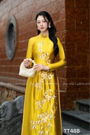 Áo dài cao cấp lua valentino theu hoa vàng gold