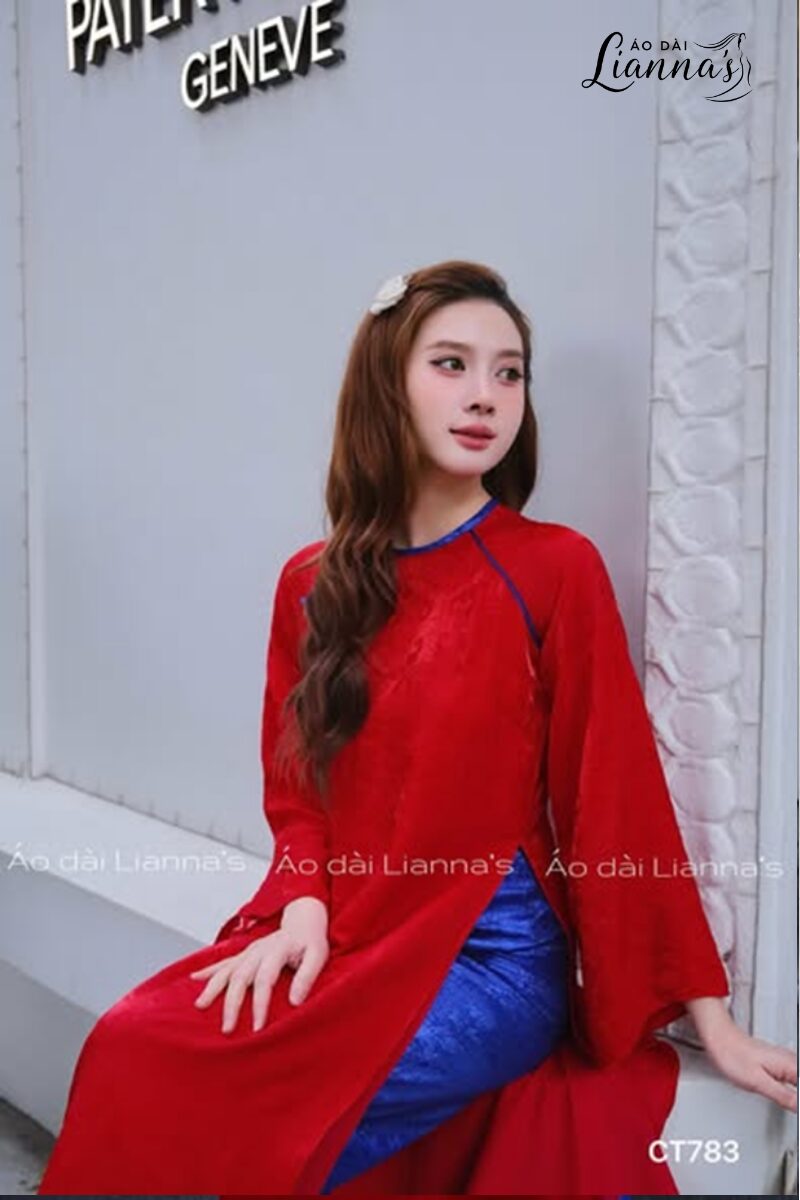 Áo dài đỏ phối xanh, thiết kế nổi bật tôn dáng, sang trọng tại Mỹ | Áo Dài Lianna’s Áo dài đỏ phối xanh