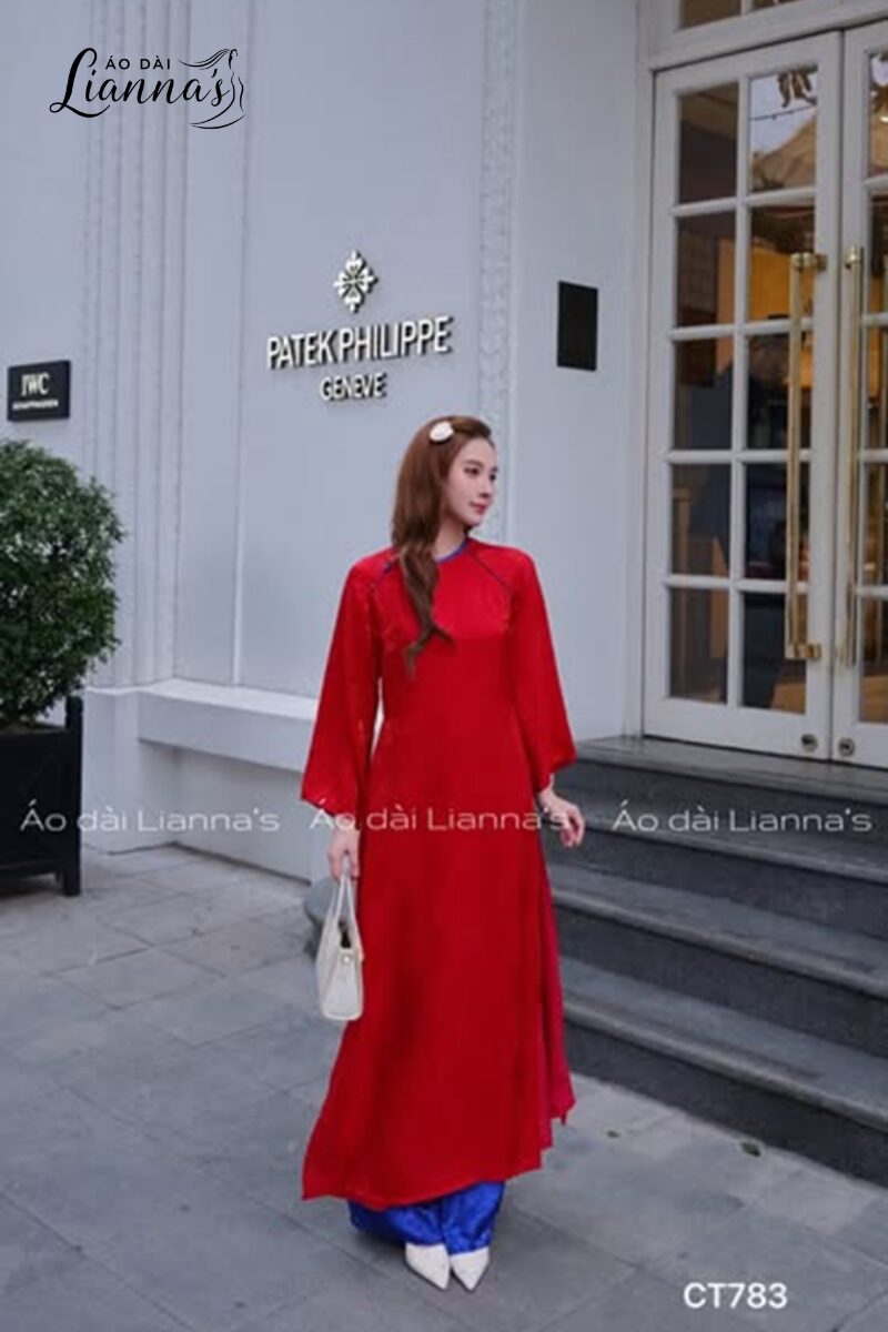 Áo dài đỏ phối xanh, thiết kế nổi bật tôn dáng, sang trọng tại Mỹ | Áo Dài Lianna’s Áo dài đỏ phối xanh