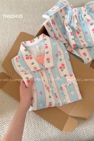 set lua tay ngắn quần dài dâu sọc xanh