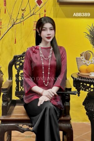 Set bà ba cao cấp lụa hà đông 2 cúc ngọc đỏ đô