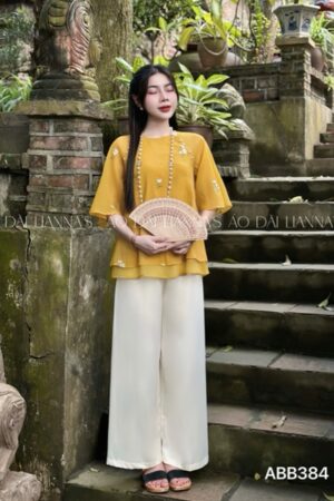Set bà ba tơ vàng 2 tầng hoa thêu