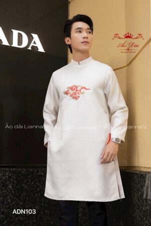 Áo dài Nam kem thêu mây đỏ