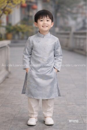 Áo dài bé trai xanh paste
