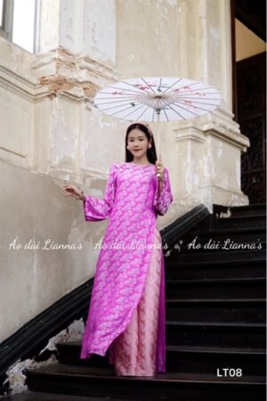 Áo dài lua tằm lá ánh tím Hồng