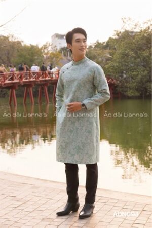 Áo dài nam gấm xanh lá