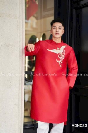 Áo dài nam đỏ thêu chim