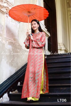 Áo dài lua tằm lá ánh cam