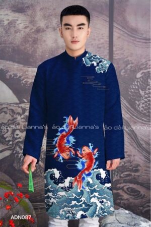 áo dài nam xanh song ngư đỏ