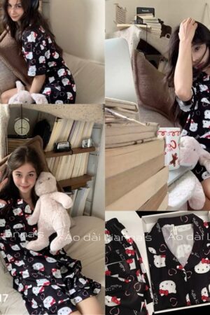 Set lụa 3 món hello kitty đen nơ đỏ