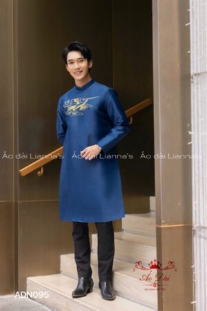 Áo dài nam xanh dương thêu hạc