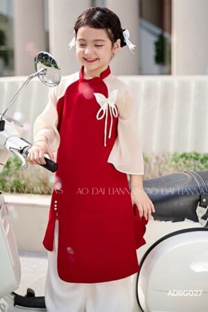 ao dai bé gái đỏ tay canh tien kèm nơ