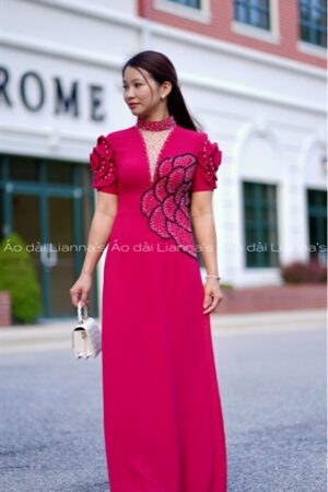 Áo dài thiet kế tay hoa đỏ sen kiotviet ca88762d6fd0410207e465918a935f28