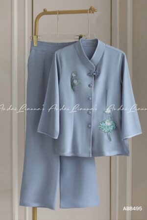 set pháp phục thêu sen cổ kết khuy xanh dương nhạt