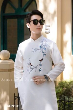 Áo dài nam họa tiet cây va chim
