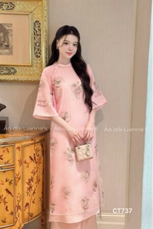 Áo dài sen ngư cổ tròn tong Hồng