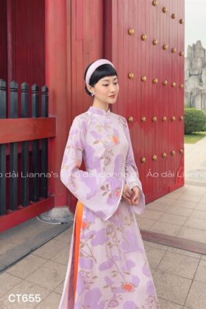 Áo dài suong tím phối hoa tiet nhung kiotviet 27501fb07a6c16fdb1505599fc5d8c53