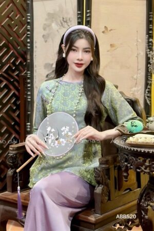 Áo bà ba tơ tằm hà đông xanh viền tím
