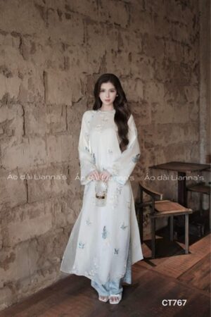 Áo dài suông bướm xanh cổ tròn kiotviet 344d6058e3788955d974eab7563623ea