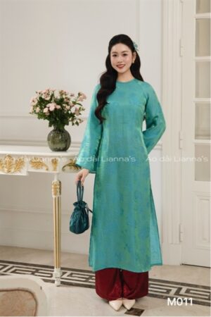 Áo dài ánh kim xanh hoa ẩn