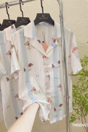 Set lua tay ngắn quần dài cún nơ xanh