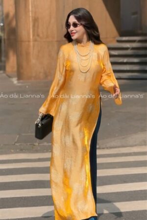 Áo dài suông tằm ánh vàng đồng