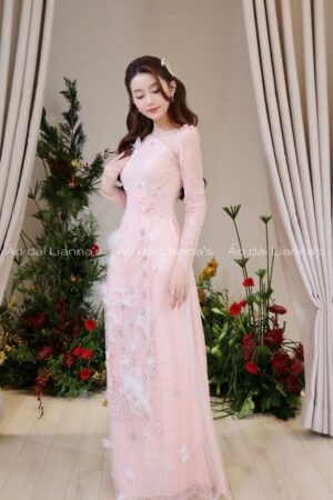 Áo dài cưới ren hồng thêu phượng