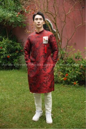 Áo dài nam đỏ gia đình