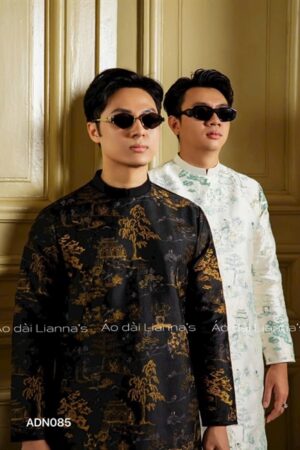 áo dài nam đen thêu phong canh
