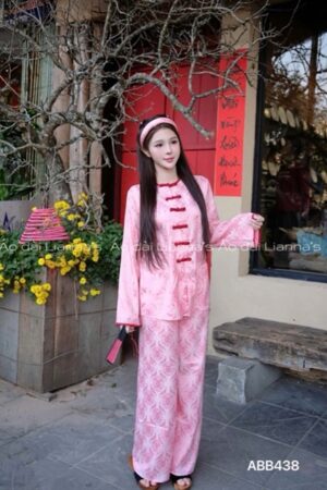 set bà ba gấm chữ thọ hồng kem cài toc