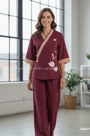 Set pháp phục đi lễ thêu sen vạt chéo