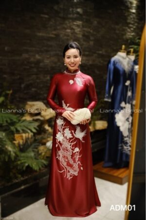 Áo dài mẹ cao cấp đỏ đô theu hoa sen