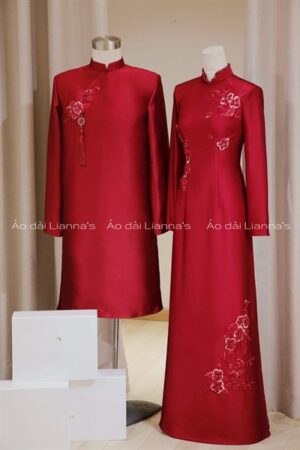 cặp áo dài cưới đỏ kết hoa