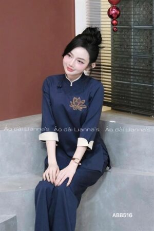 Set bà ba- pháp phục xanh đậm thêu sen