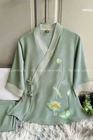 Set pháp phục hoa sen xanh cốm vạt chéo