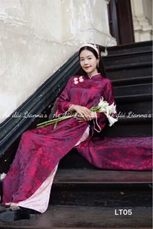 Áo dài lụa tằm hoa đào tím Cẩm