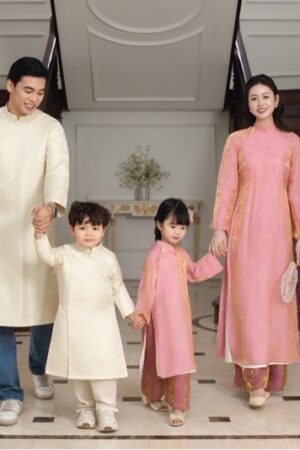 Áo dài bé trai kem ánh gold