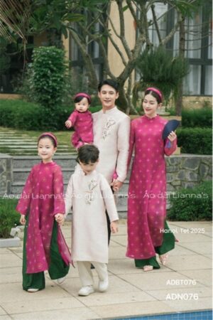 Áo dài Bé trai màu be kem thêu hoa