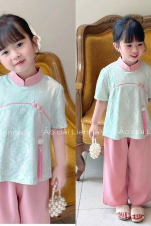 Set bà ba bé gái gấm xanh viền hồng