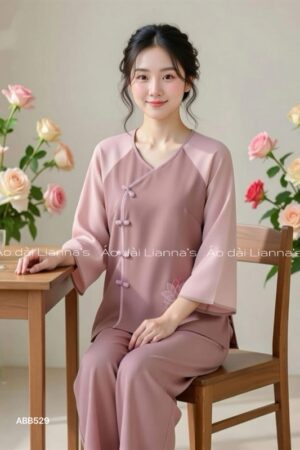 Set pháp phục sen cổ tim Hồng ruốt