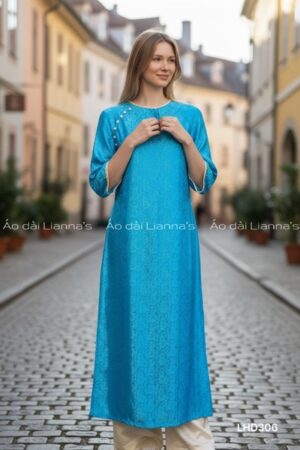 Áo dài suông lụa hà đông xanh đậm