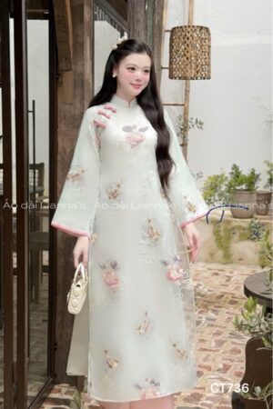 Áo dài thêu sen ngư xanh ngoc có cổ