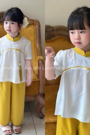 Set bà ba bé gái gấm trắng viền vàng