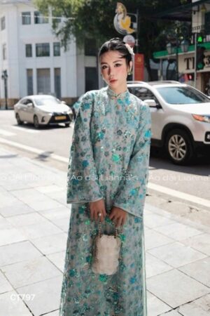 Áo dài kim sa hoa nhí xanh