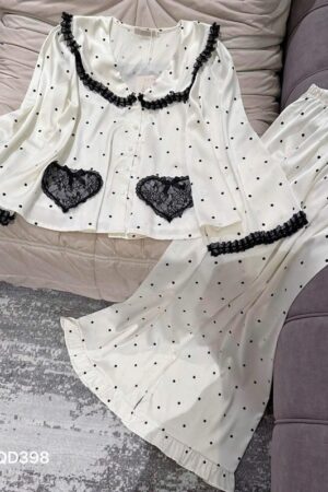 Set lua tay dài quần dài chấm bi ren đen