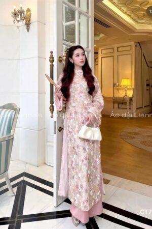 Áo dài kim sa hoa nhí hồng