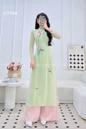 áo dài cách tan xanh mint nhat thêu