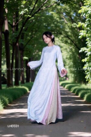 Áo dài lụa tơ tằm hà đông 4 ta xanh dương cổ tròn