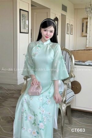 Áo dài cách tan xanh Ngọc kết hoa
